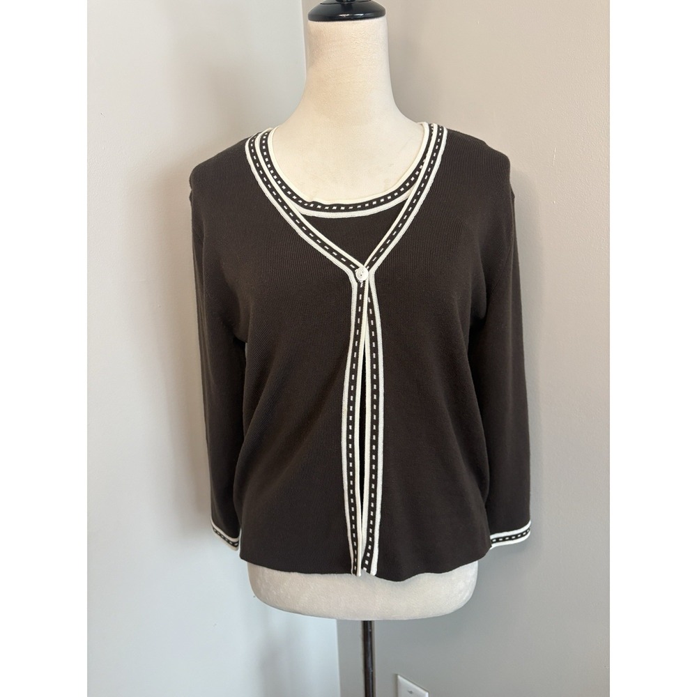 VTG Leslie Fay Brown Sweater Set Cardigan & Top 2 Piece Office Capsule Medium